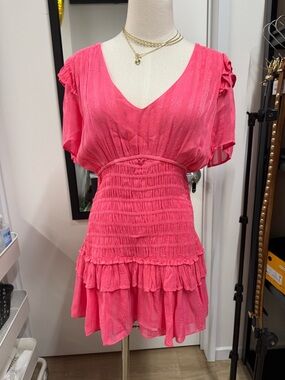 LoveShackFancy Hot Pink V-Neck Ruffled Smocked Waist Tunic